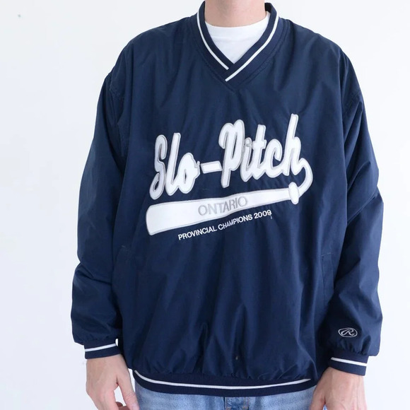 Rawlings Navy White Embroidered Slow Pitch Ontario Champions Windbreaker  Jacket - Picture 2 of 11